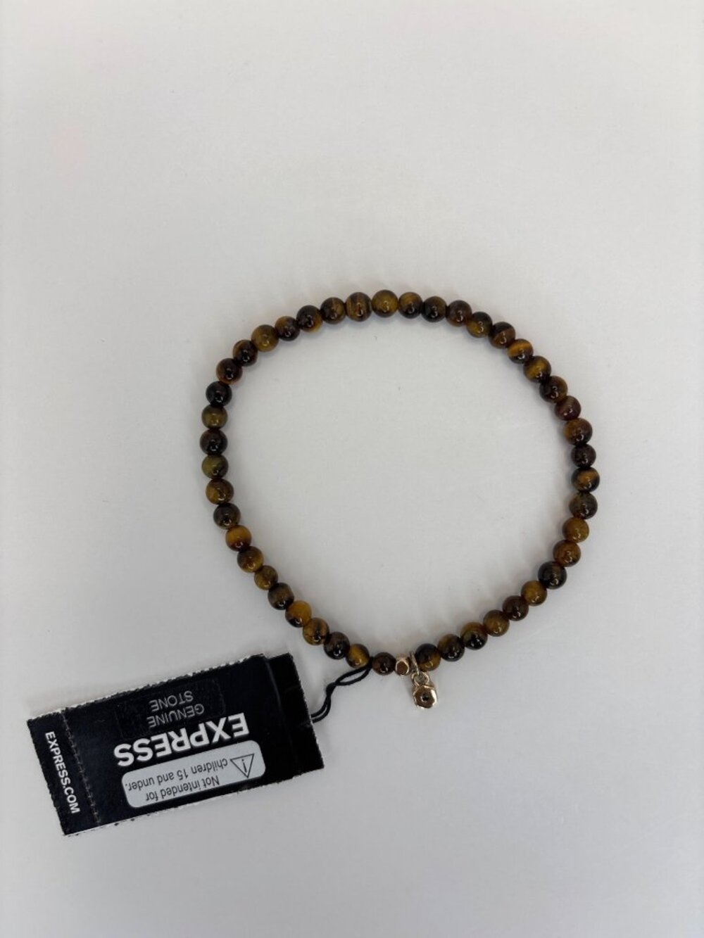 Express Mens Tigers Eye Natural Stone Stretch Bracelet Gold Tone Accents NEW